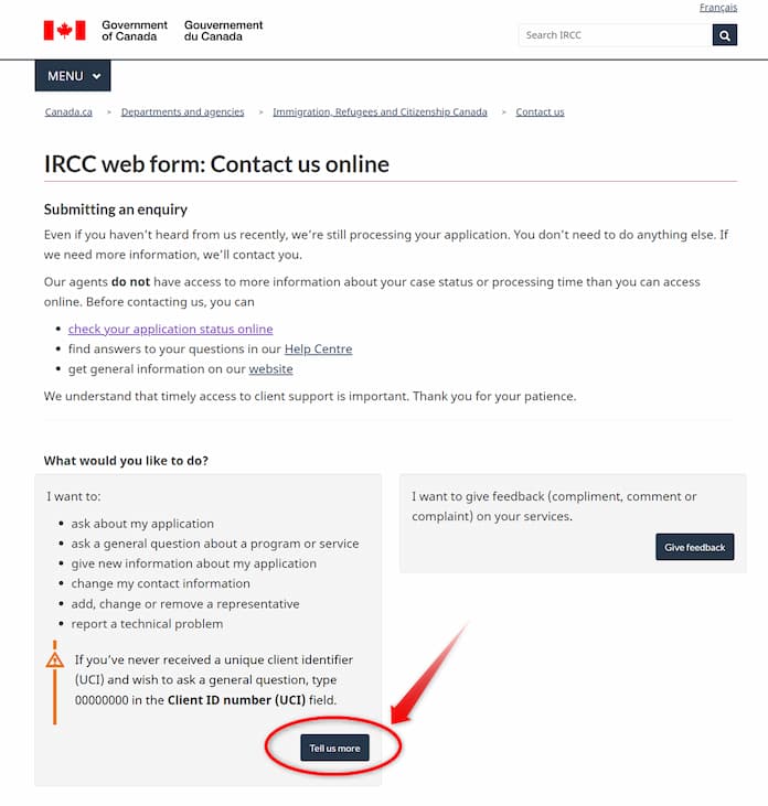 IRCCのウェブフォーム（問い合わせフォーム）へのアクセス方法