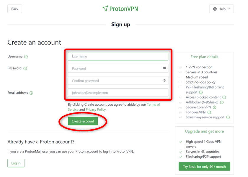 ProtonVPN無料版を利用するためにアカウント登録をする方法その3