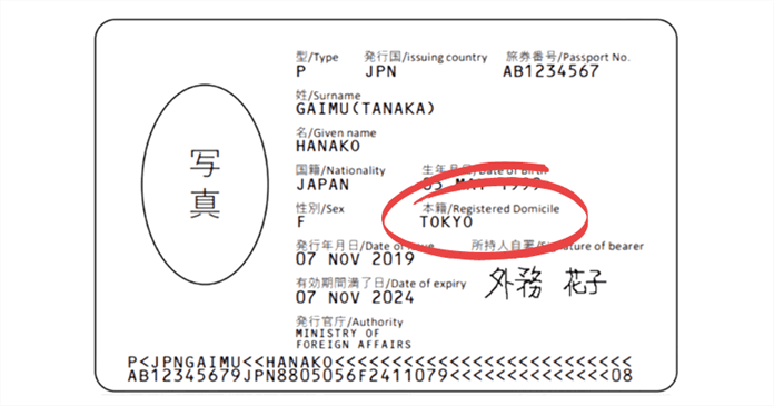 日本のパスポートの身分事項ページには本籍地（都道府県名のみ）が記載されている
