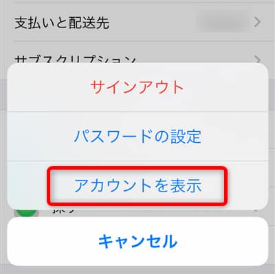 iPhoneの操作画面：「メディアと購入」をクリックすると表示される「アカウントを表示」をタップ
