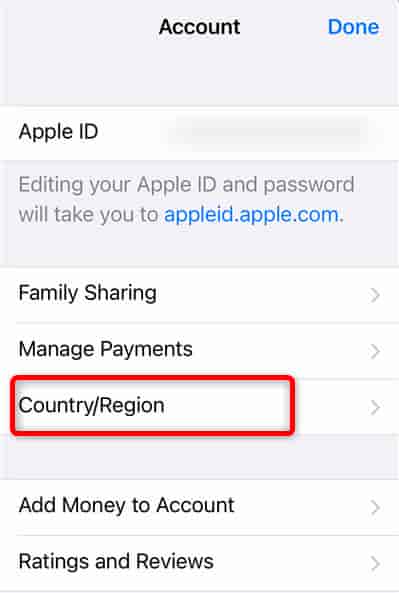 iPhoneの操作画面：Apple IDの国/地域の変更