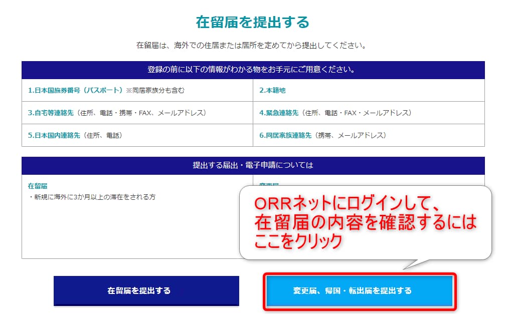 オンライン在留届（ORRネット）のトップページで、ORRネットにログインし、自分の在留届の内容を確認するためにクリックするボタンの場所